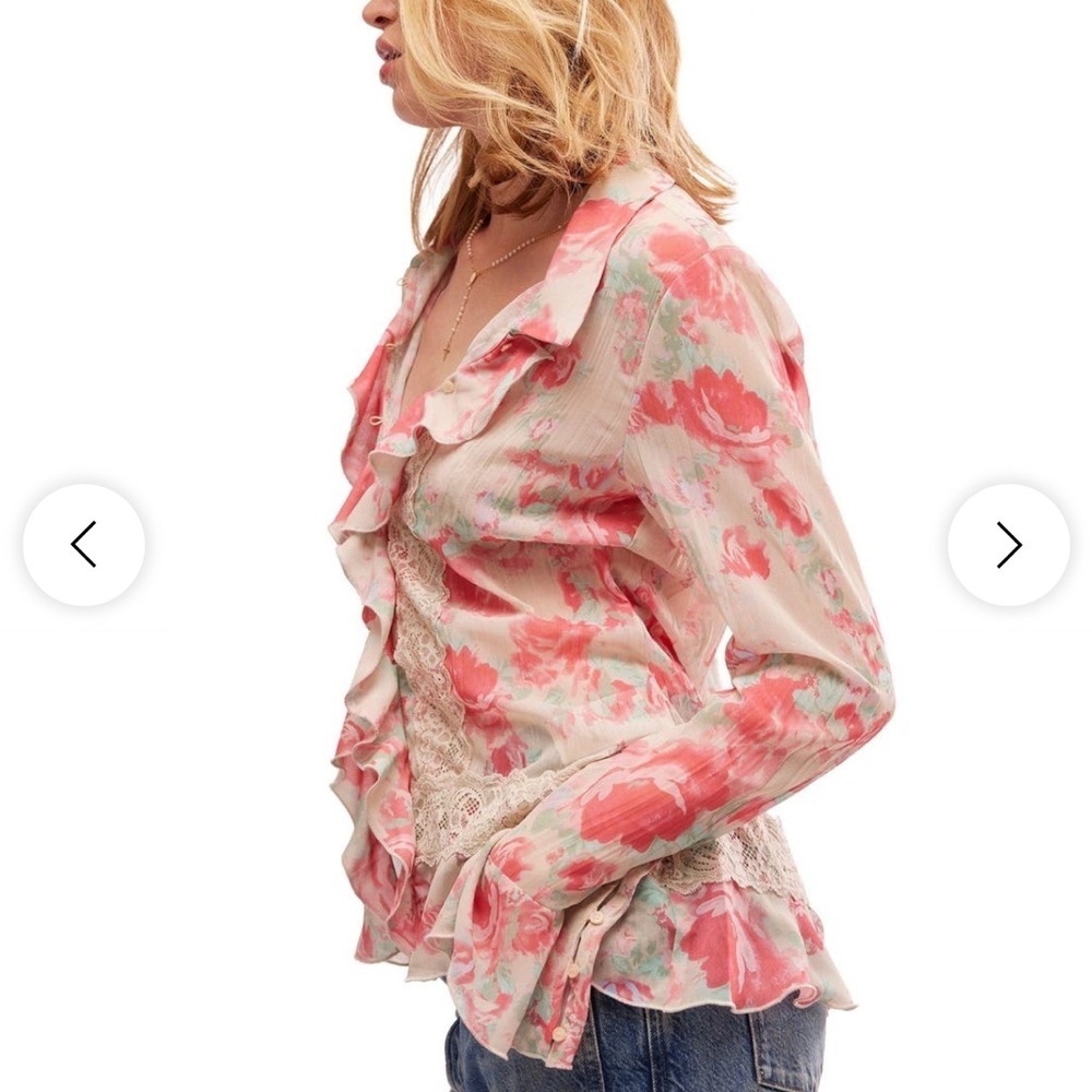 Free People Bad at Love Floral Ruffle Blouse - Pink and Cream NWT $128 - Picture 2 of 6